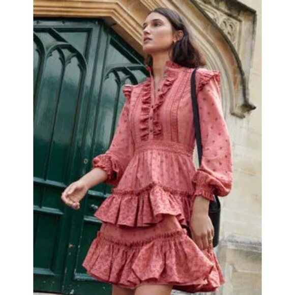 Boden Mixed Broderie Shirt Dress in Dusty Red - Picture 2 of 11